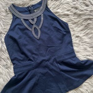 New York & Company Blue Peplum top with Embellished Neckline